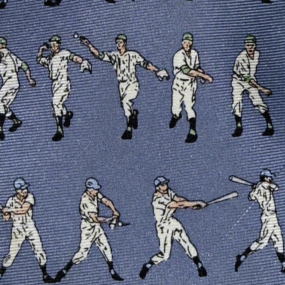 Vintage ALYNN Silk Necktie Baseball Players Sports Novelty Print Blue Tie - Picture 2 of 11